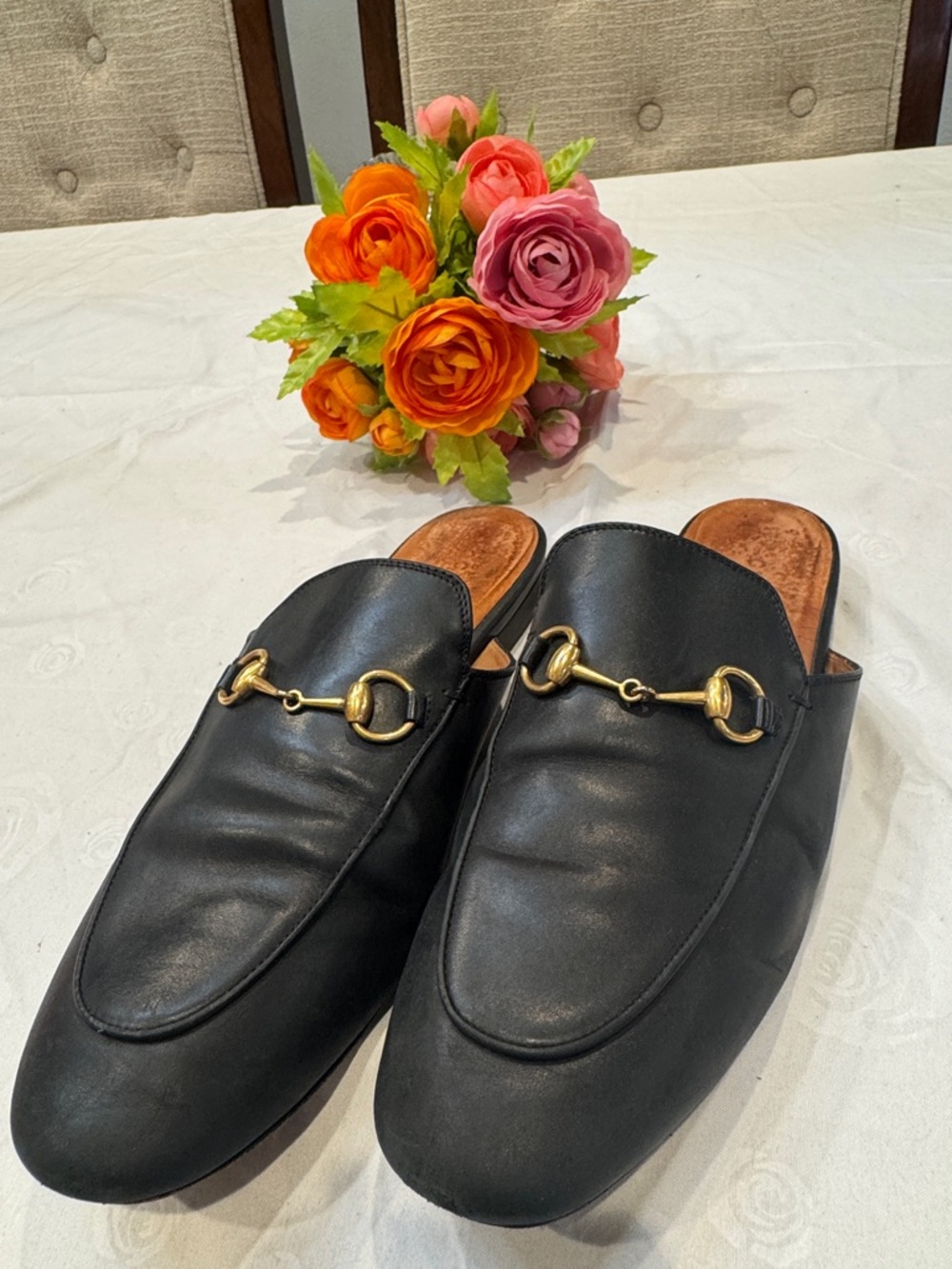 Authentic Gucci Leather Slip-On Mules with Gold Horsebit Hardware - Picture 2 of 10